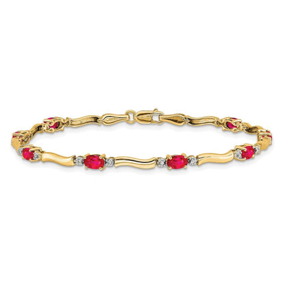 Oval Red Ruby & Diamond Prong 14K Yellow Gold Wave Link Bracelet