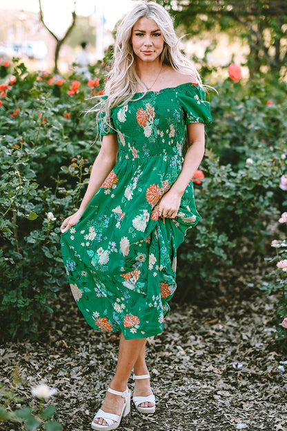 Threaded Pear Kailany Floral Bubble Sleeve Smocked Tiered Midi Dress