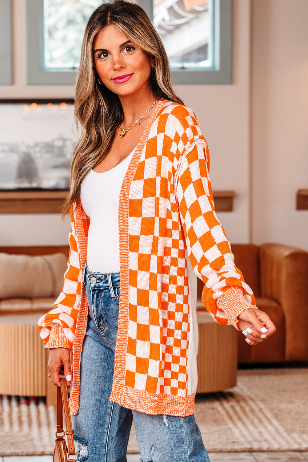 Threaded Pear Wrenley Checkered Open Front Drop Shoulder Cardigan