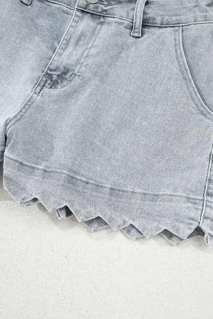 Threaded Pear Scalloped Acid Wash High Waist Denim Shorts
