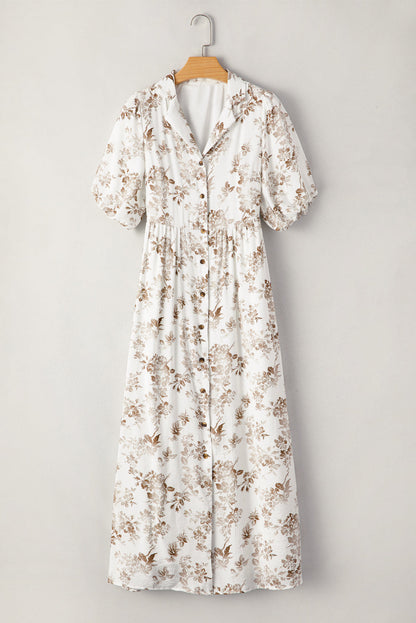 Threaded Pear Iliana Floral Puff Sleeve V Neck Buttoned Front Maxi Dress