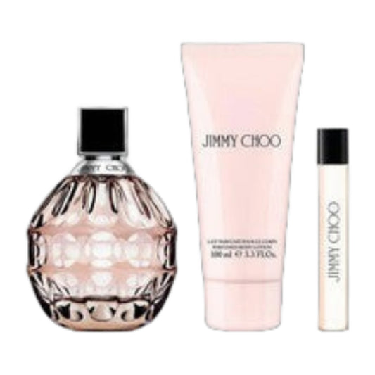 Jimmy Choo 3-Piece Set for Women: 3.3 oz Eau de Parfum Spray + 0.25 oz Eau de Parfum Spray + 3.3 oz Body Lotion