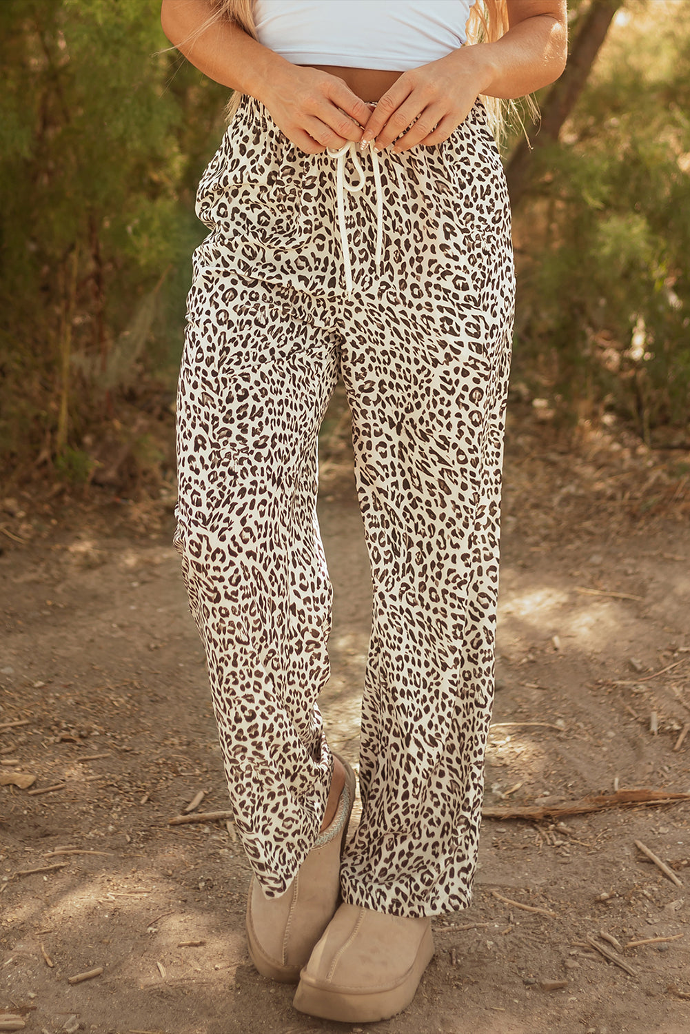 Threaded Pear Mabel Leopard Drawstring Elastic Waistband Loose Pants