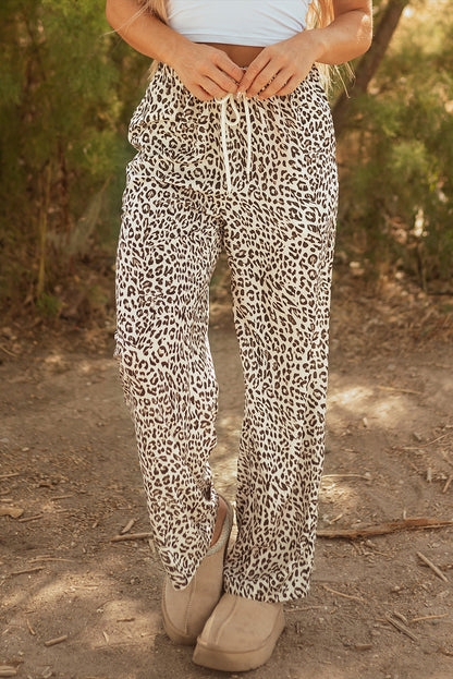 Threaded Pear Mabel Leopard Drawstring Elastic Waistband Loose Pants