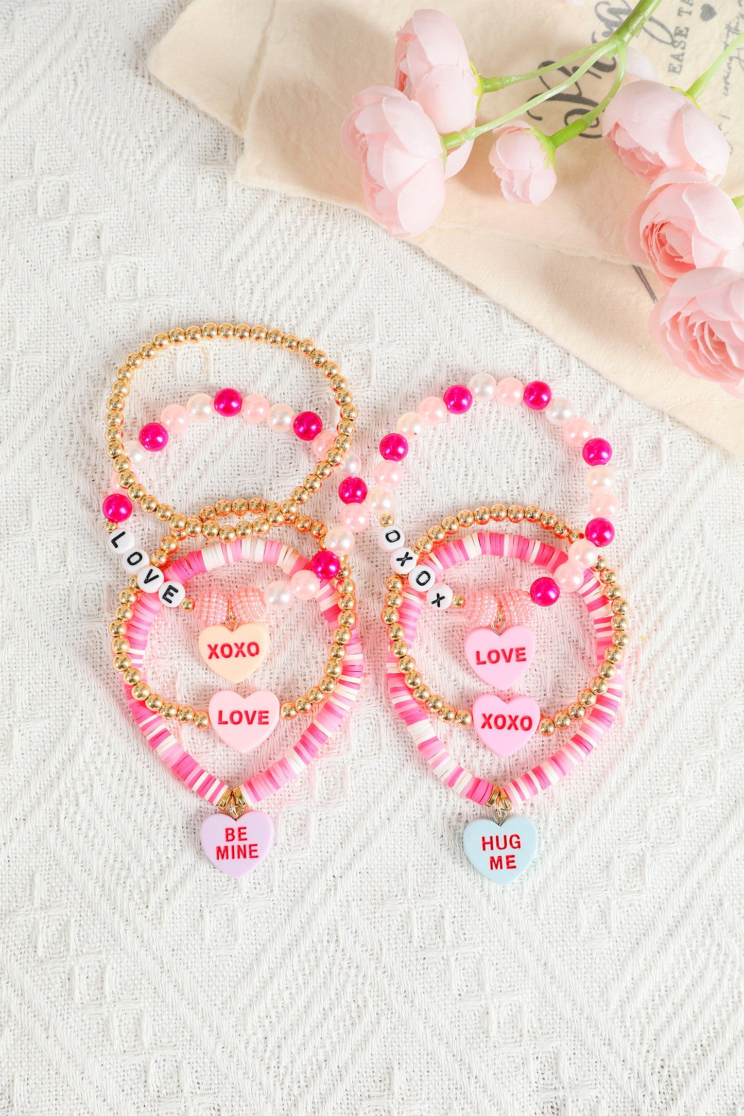 Valentine Heart Pendant Beaded Elastic Bracelet - Pink / ONE