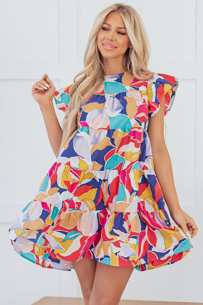 Threaded Pear Skye Ruffled Flutter Sleeve Tiered Mini Dress