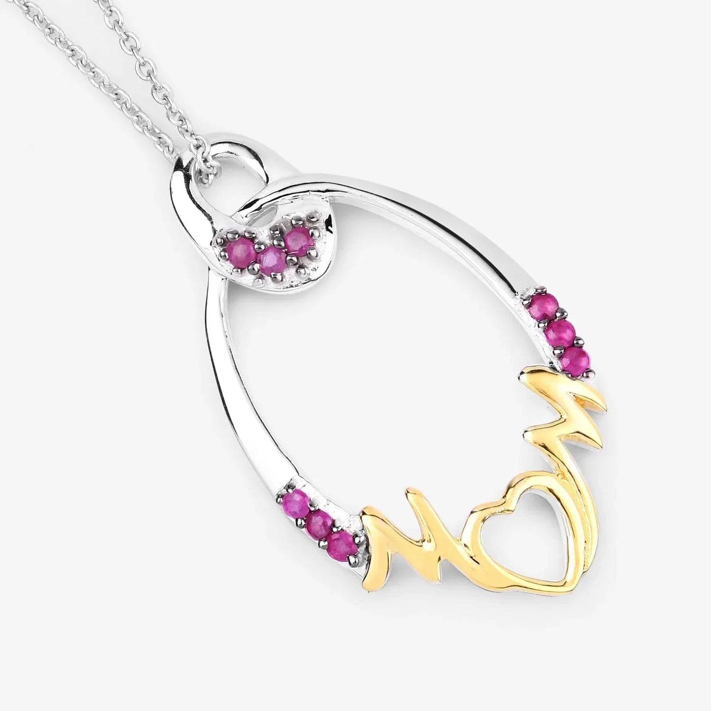 Round Pink Ruby Prong Silver Mom Heart Pendant Necklace