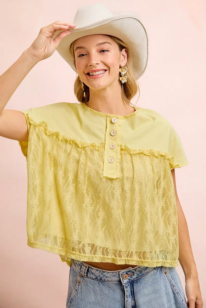 BiBi Solid Jersey With Lace Combo Ruffled Buttoned Top