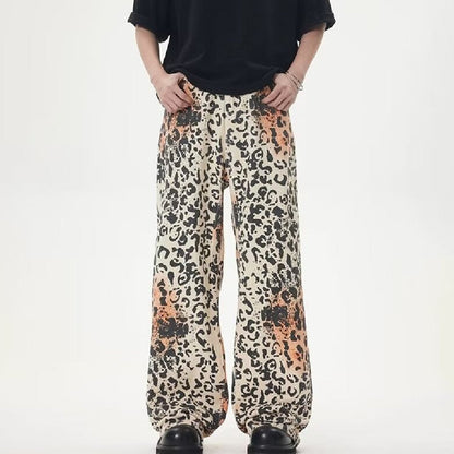 Vintage Leopard Print Jeans Straight Loose Men And Women