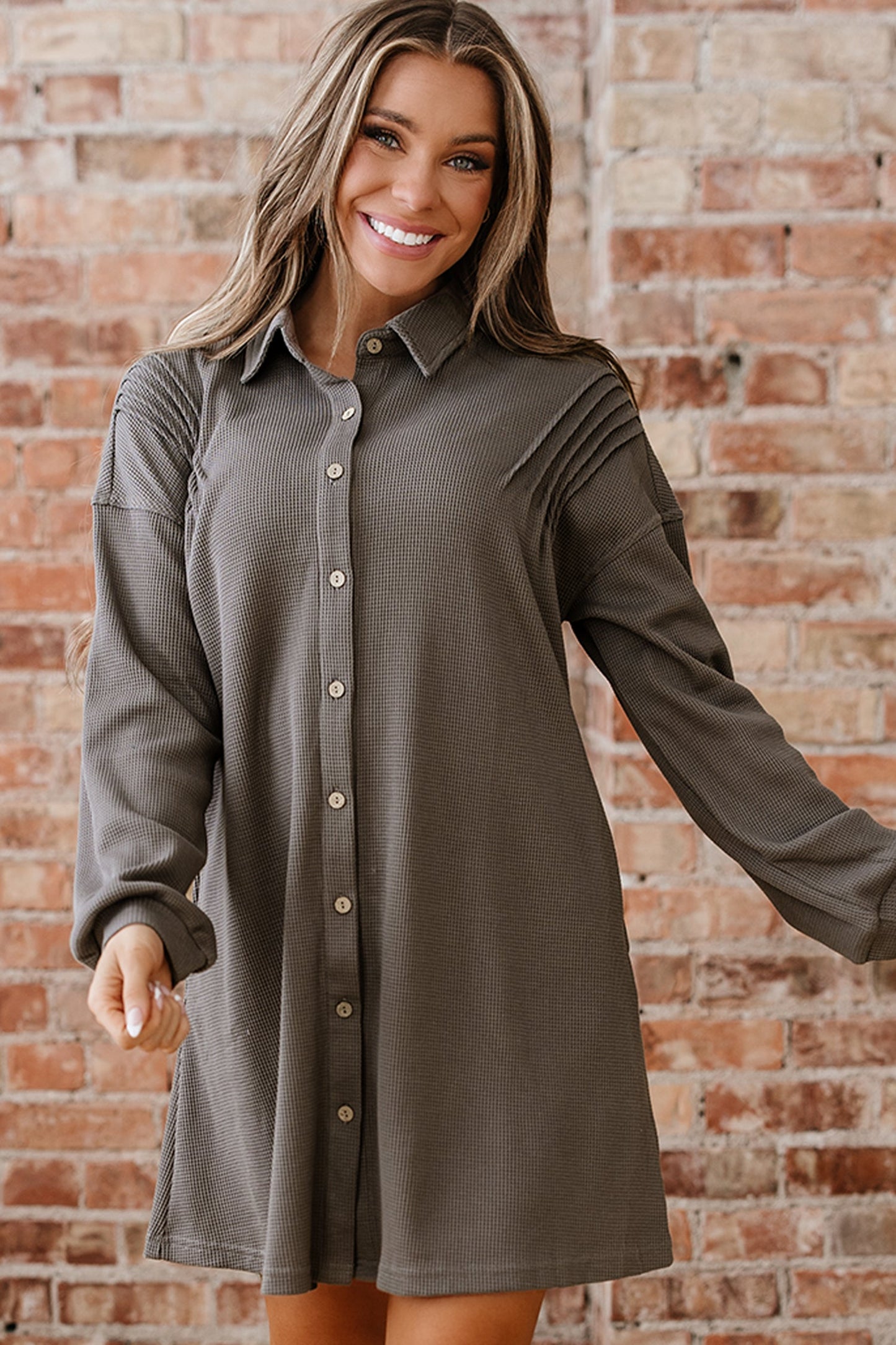 Threaded Pear Viviana Taupe Waffle Knit Shirt