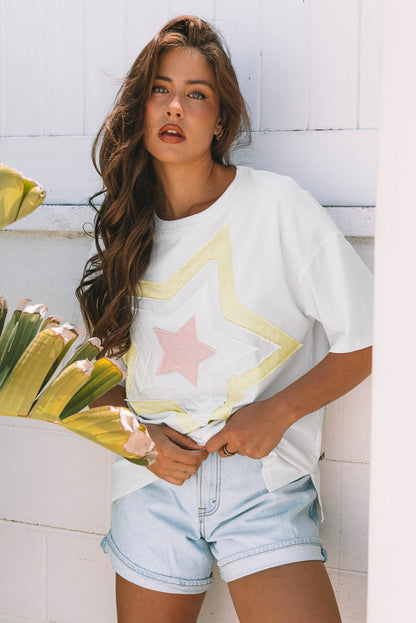 Threaded Pear Lisa Layered Star Patched Half Sleeve Loose Top