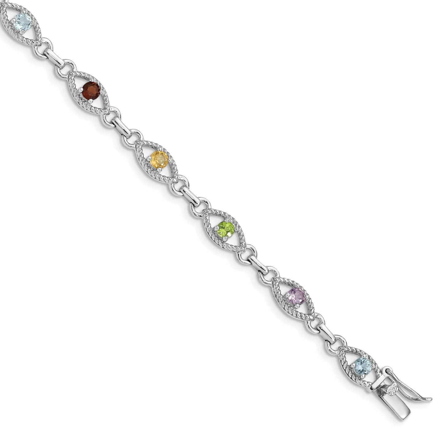 Genuine Multi Gemstone Silver Link Bracelet