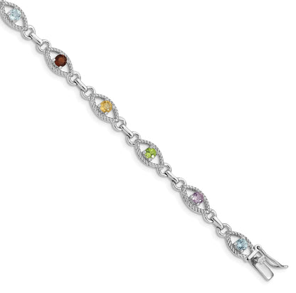 Genuine Multi Gemstone Silver Link Bracelet