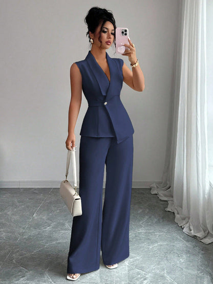 Women's Peplum Sleeveless Blazer & Wide-Leg Pants Two-Piece Set
