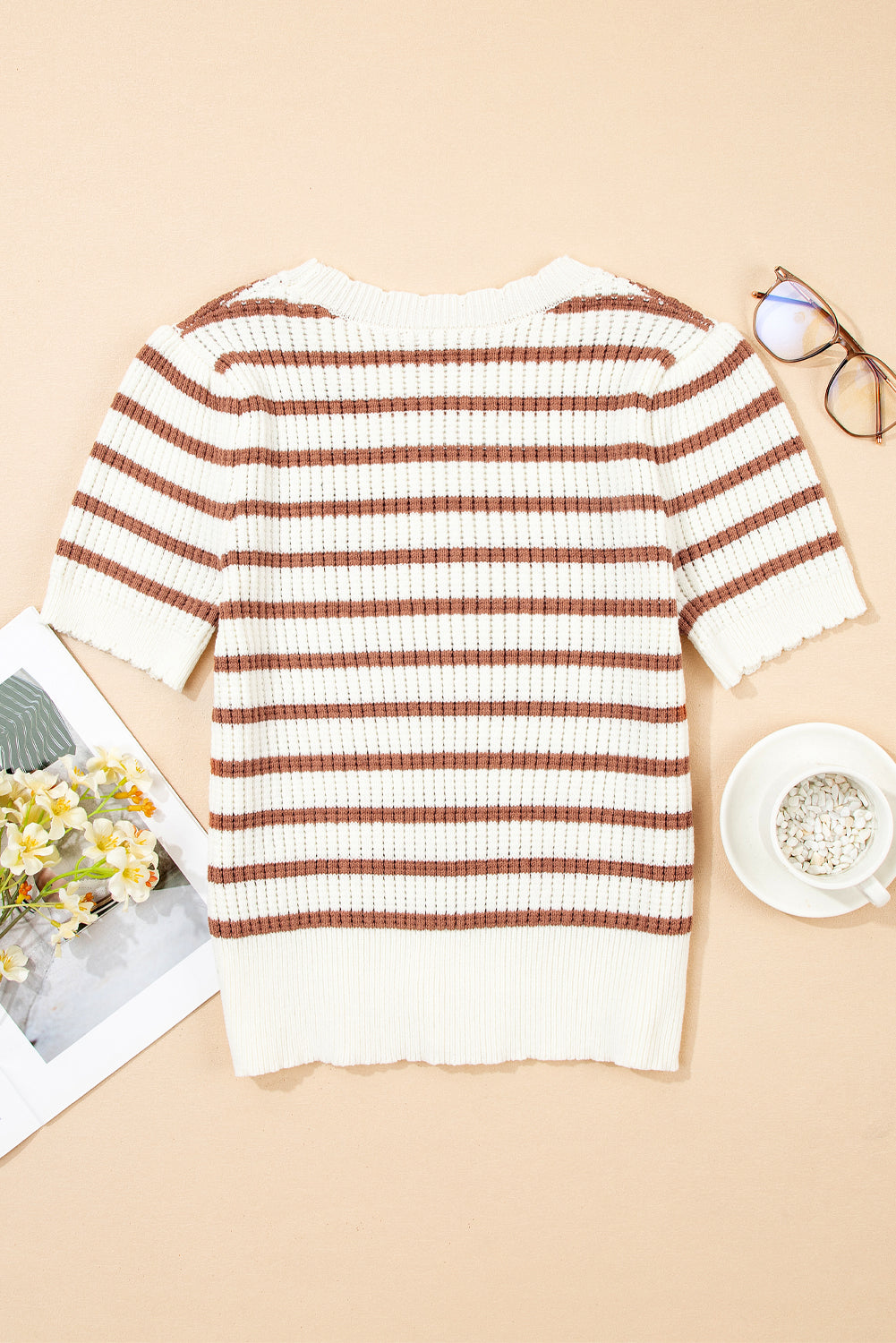 Threaded Pear Eloise Stripe Scalloped Round Neck Short Sleeve Sweater