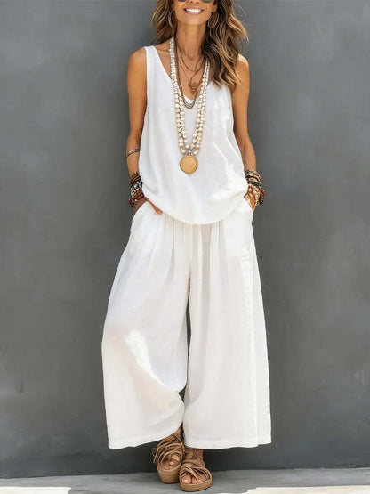 Women’s Cotton Linen Sleeveless Tank Top and Wide-Leg Pants Set