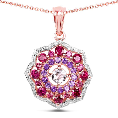 Rhodolite Garnet & Amethyst Prong Rose Gold Plated Silver Cluster Pendant Necklace