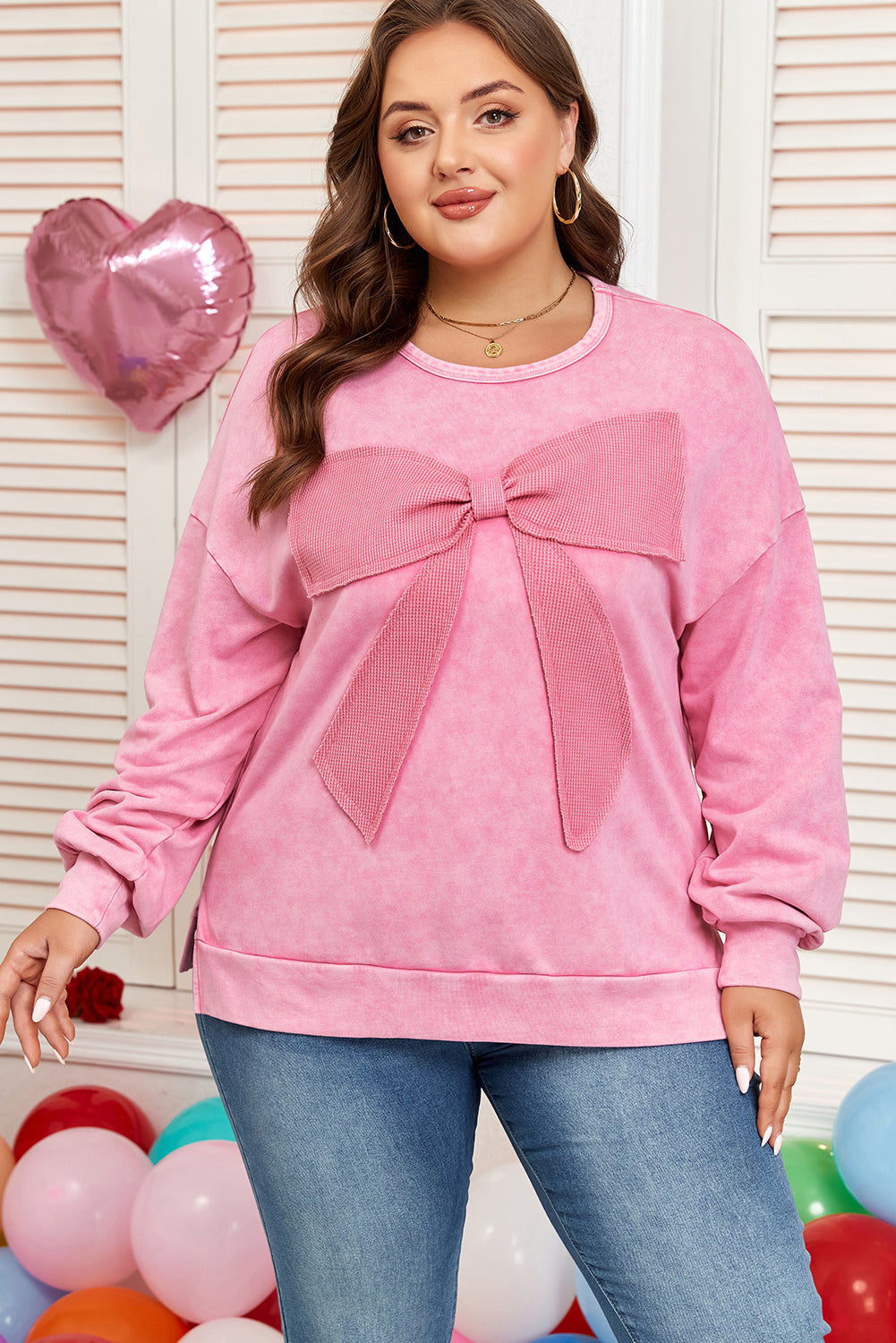 Threaded Pear Bonbon Waffle Bowknot Patchwork Graphic Mineral Wash Plus Size Sweatshirt
