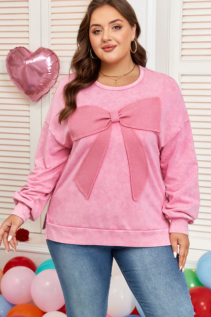 Threaded Pear Bonbon Waffle Bowknot Patchwork Graphic Mineral Wash Plus Size Sweatshirt