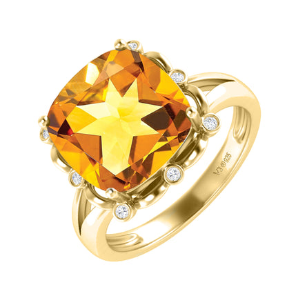 Gold Plated Sterling Silver Natural Citrine and White Topaz Halo Engagement Ring