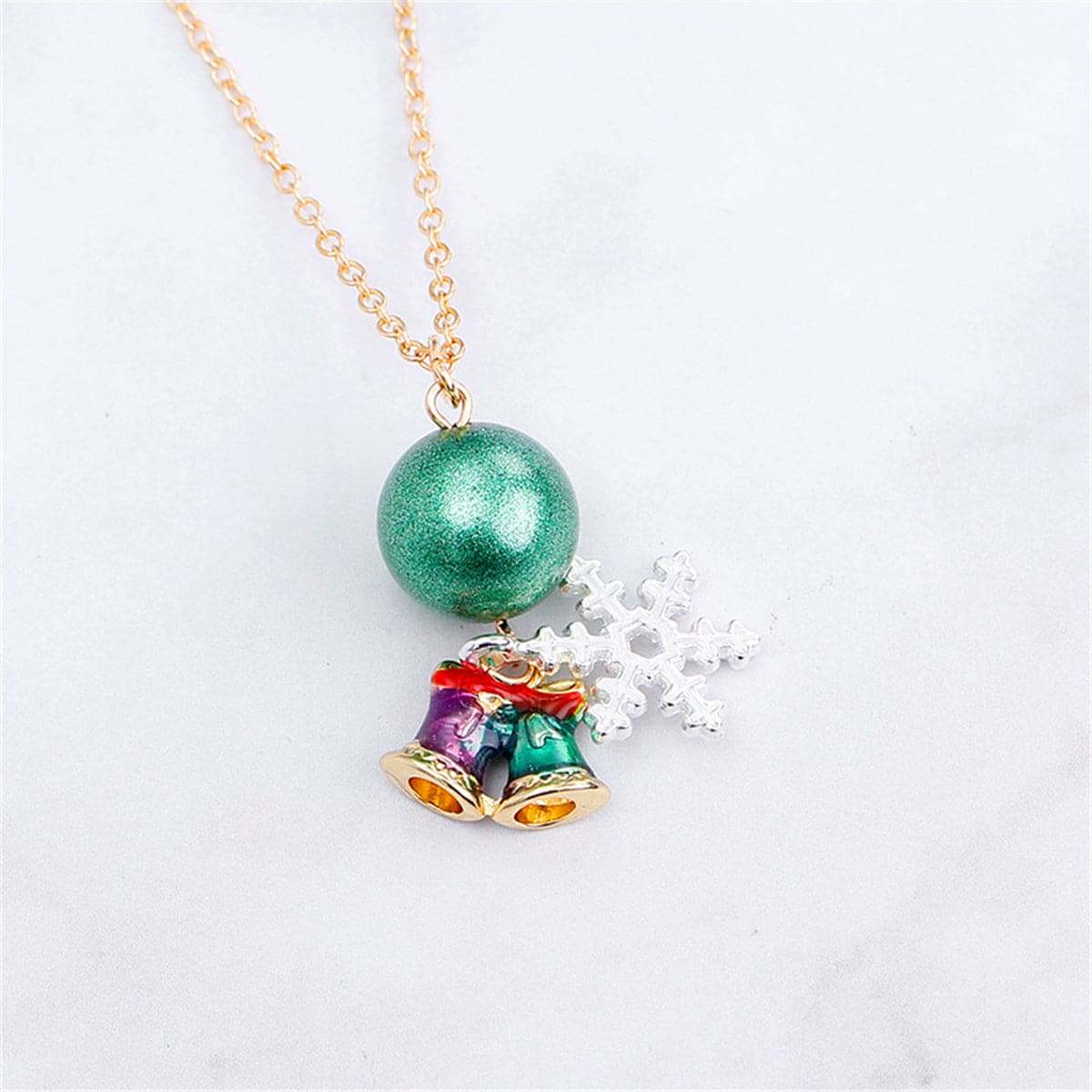 Green & Goldtone Snowflake Bells Pendant Necklace