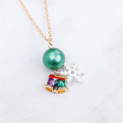 Green & Goldtone Snowflake Bells Pendant Necklace