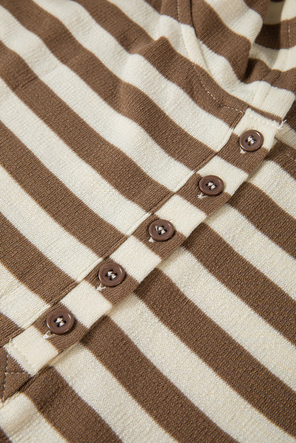 Threaded Pear Brown Stripe Quarter Buttons Drop Sleeve Plus Size Hoodie