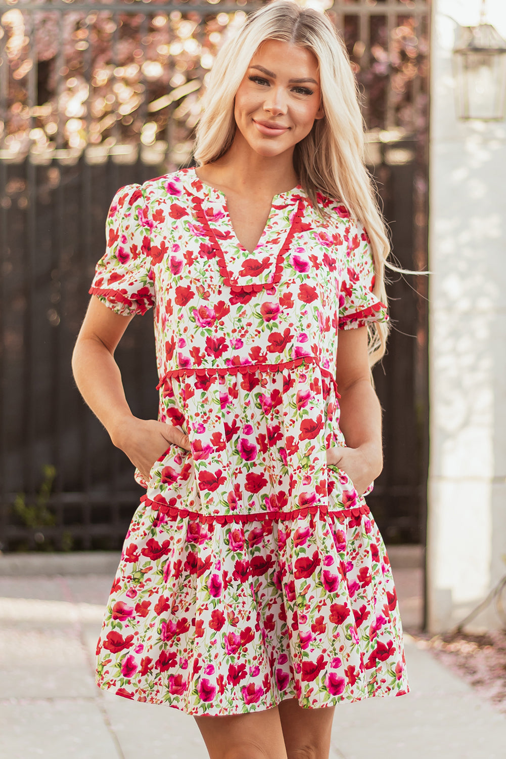 Threaded Pear Ruby Floral Puff Sleeve Tiered Ric Rac Pocketed Mini Dress
