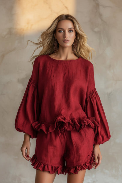 Women's Lantern Sleeve Ruffle Hem Top & Ruffle Shorts Linen-Style Two-Piece Set