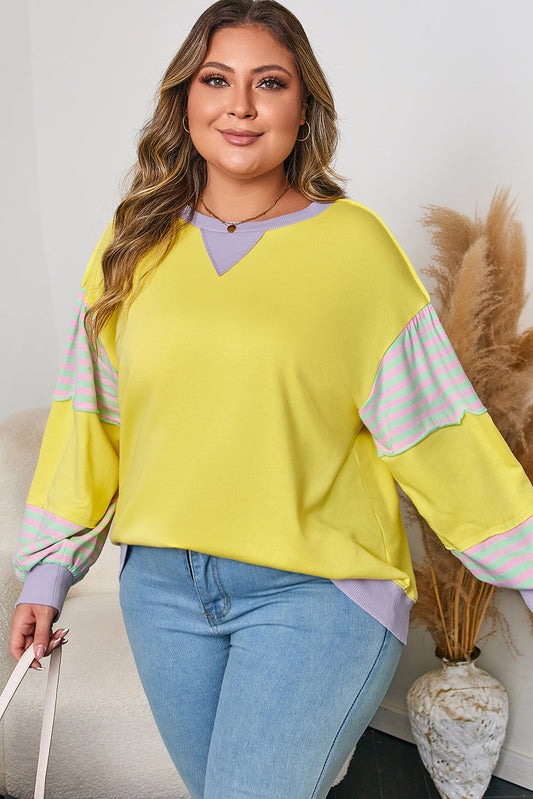 Threaded Pear Yellow Striped Color Block Patchwork Crewneck Plus Size Pullover Sweatshirt