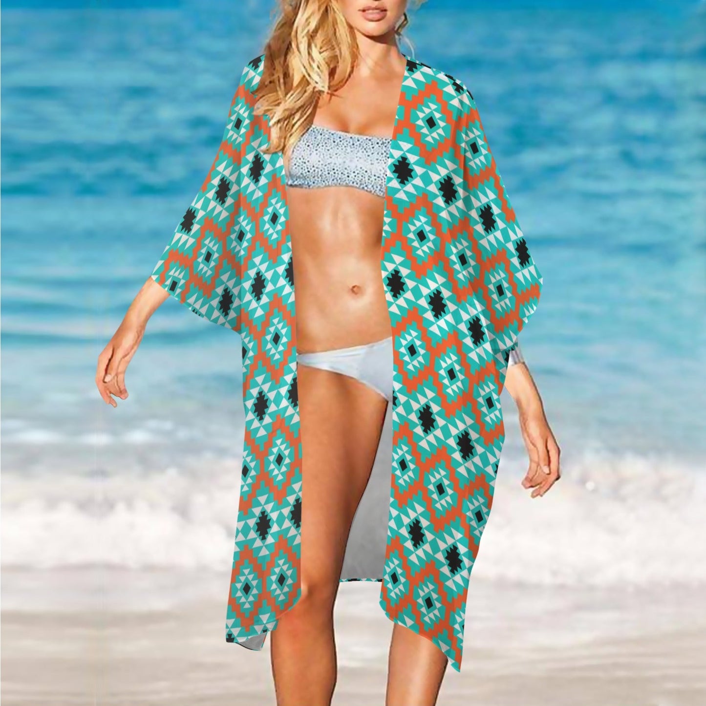Baha Ranch Turquoise Aztec Duster Kimono Coverup
