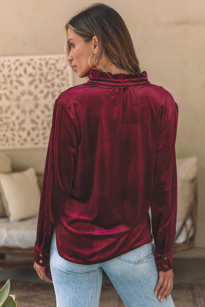 Threaded Pear Gwynn Frilled Neck Buttoned Front Velvet Top