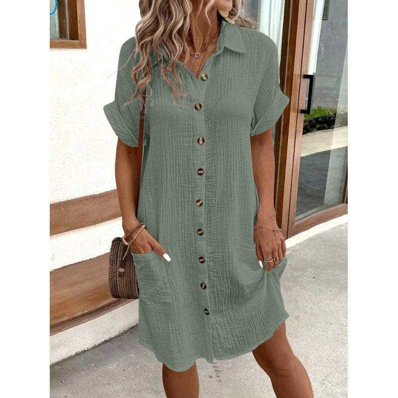 Women's Cotton Linen Shirt Dress – V-Neck Button-Front A-Line Dress
