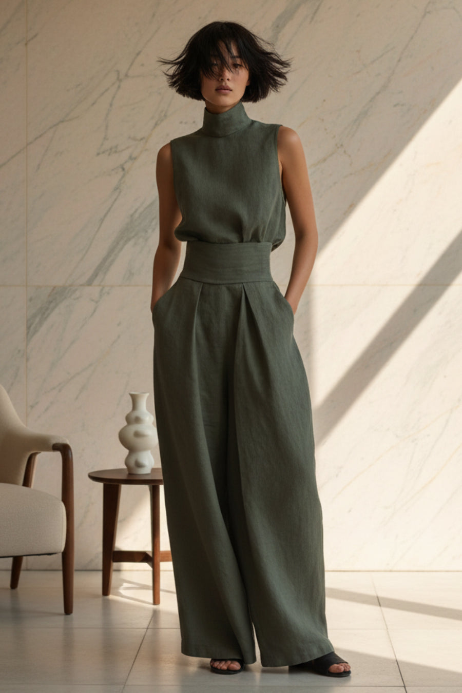 Women's Linen-Blend High-Neck Sleeveless Top & Wide-Leg Pants Set