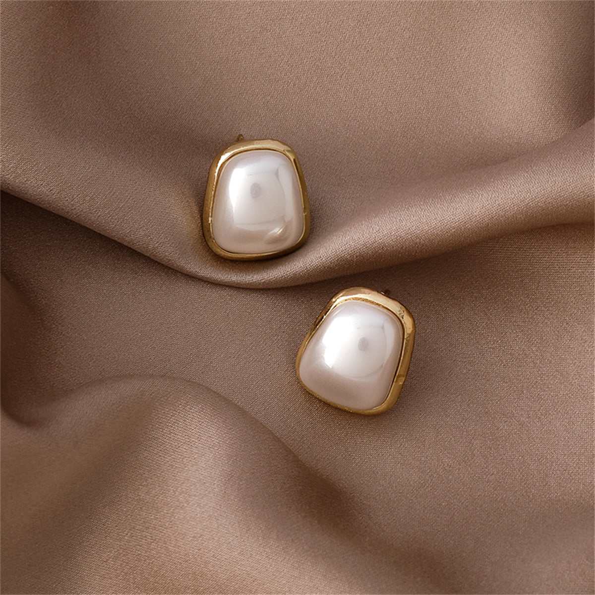 Pearl & Goldtone Rectangle Stud Earrings