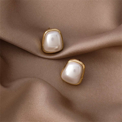 Pearl & Goldtone Rectangle Stud Earrings