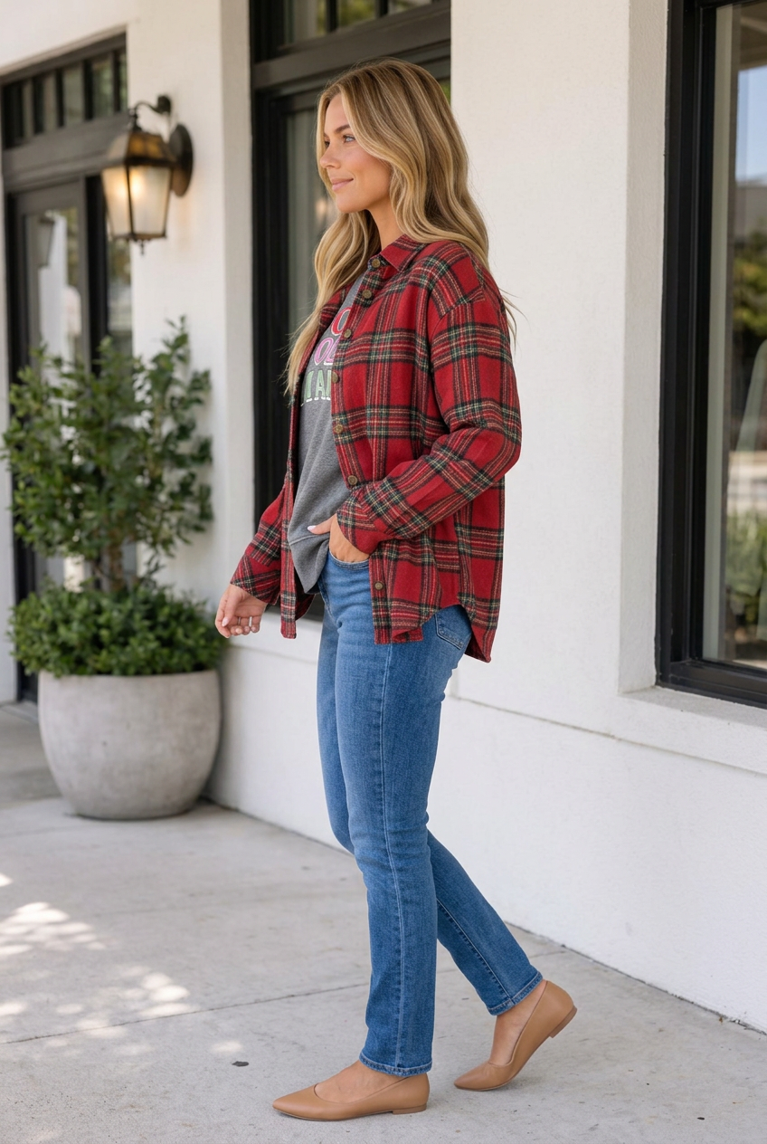 Threaded Pear Kali Plaid Front Shacket
