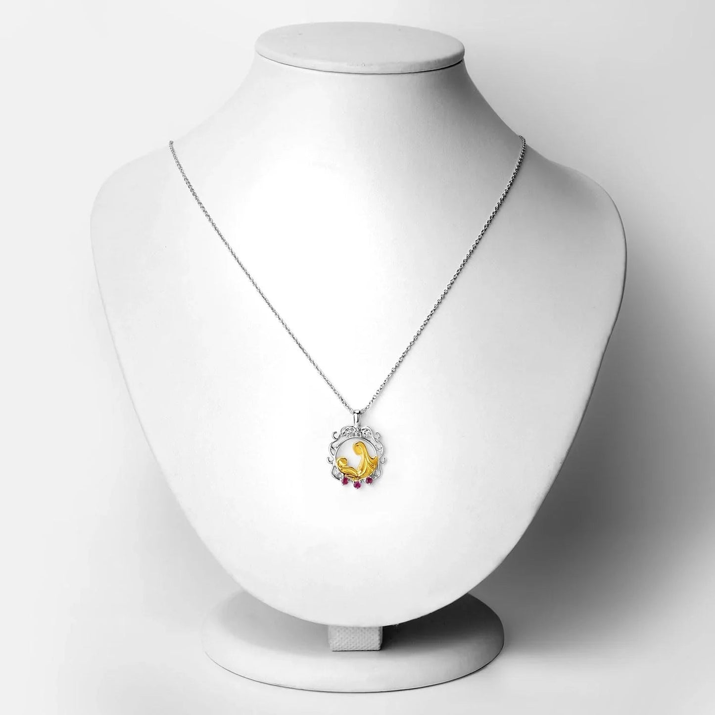 Round Pink Ruby Prong Silver Pendant Necklace