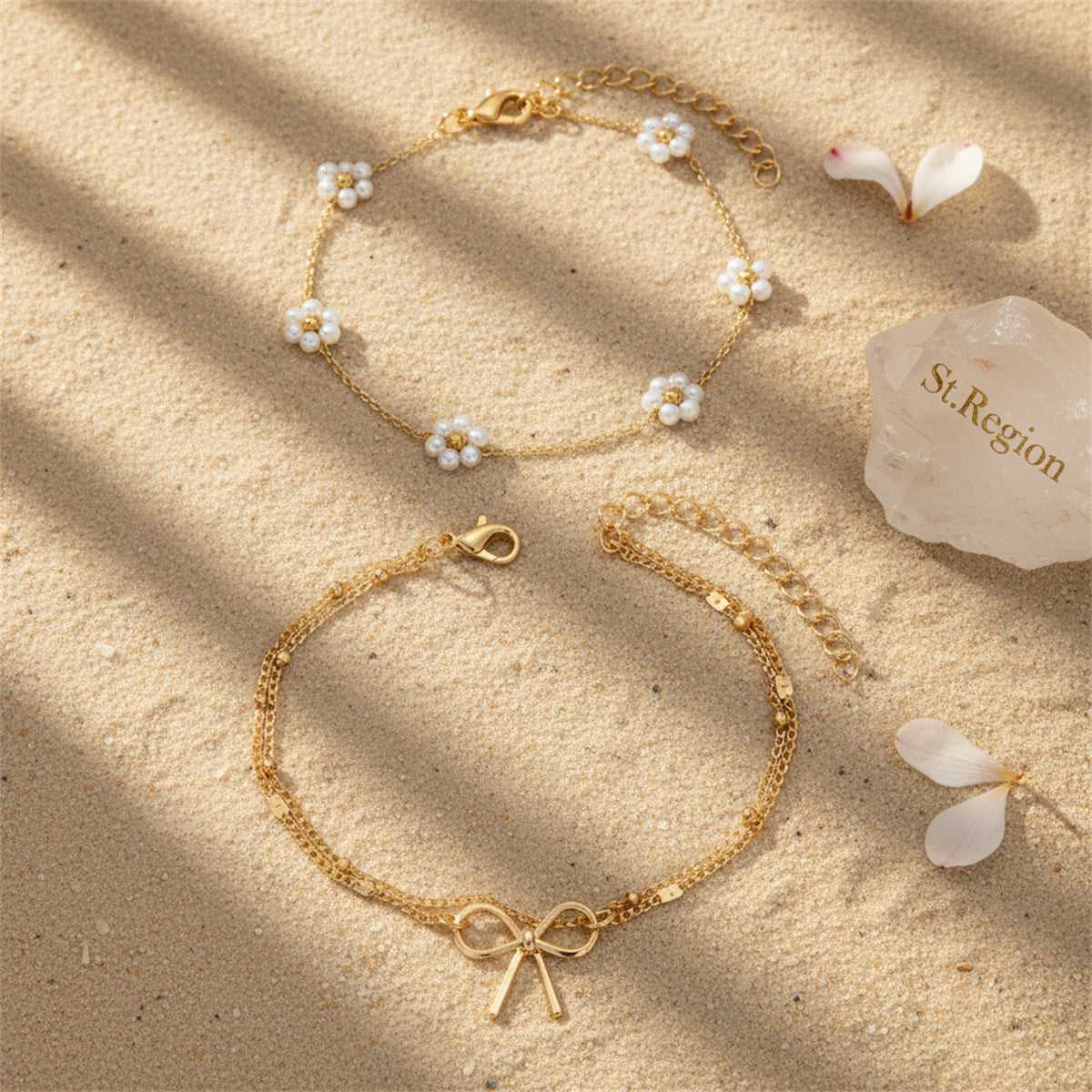 Pearl & Goldtone Flower Station Bow Charm Layered Anklet Set