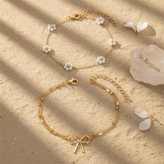 Pearl & Goldtone Flower Station Bow Charm Layered Anklet Set