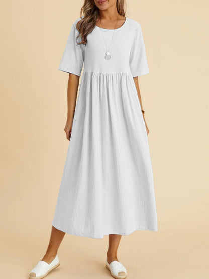 Plus Size Cotton Linen Midi Dress | Round Neck Pocket Dress