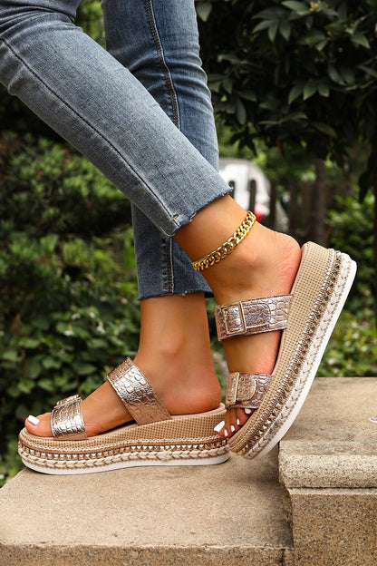Threaded Pear Cattleya Buckle Wedge Platform Slippers