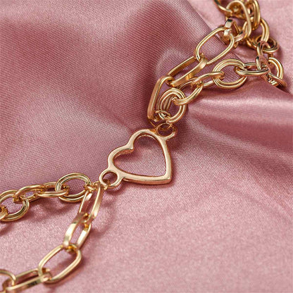 Goldtone Layered Cable Chain Openwork Heart Anklet