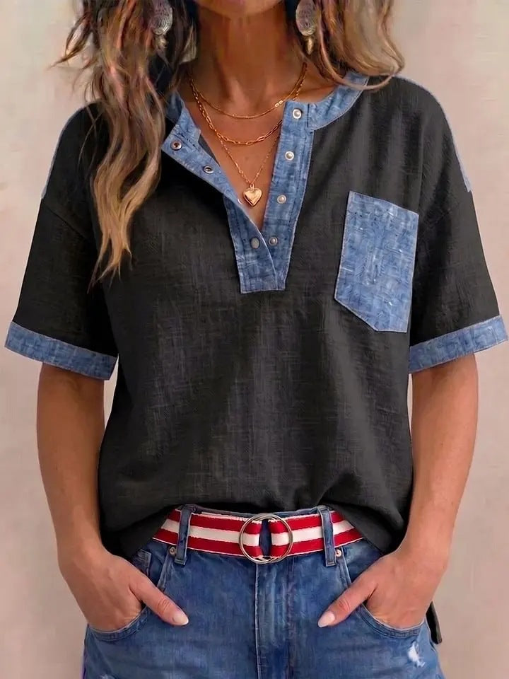 Women's Casual Loose-Fit Color-Block Patchwork Short-Sleeve Top