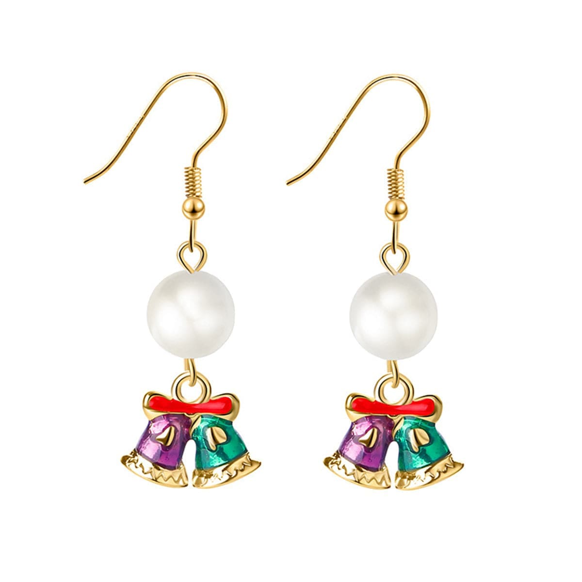 Green Enamel & Pearl Goldtone Bell Drop Earrings