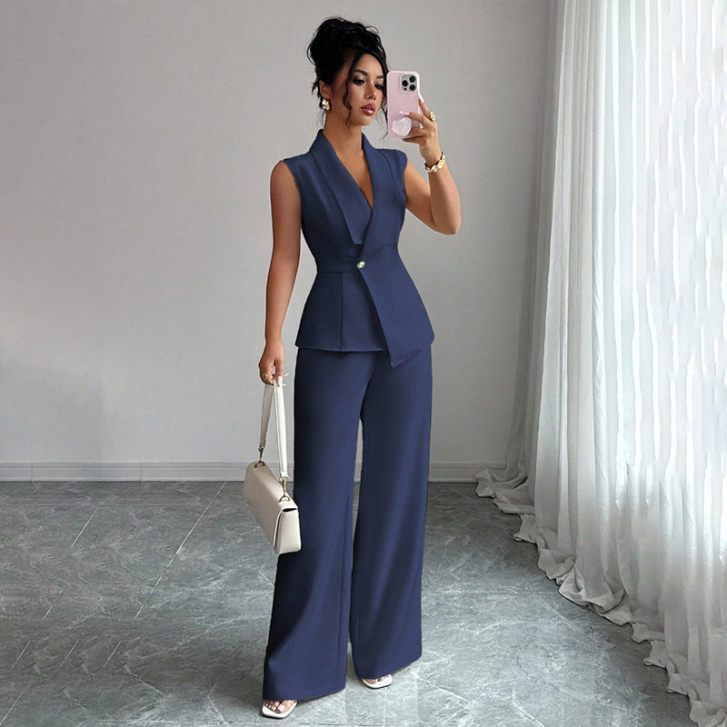Women's Peplum Sleeveless Blazer & Wide-Leg Pants Two-Piece Set