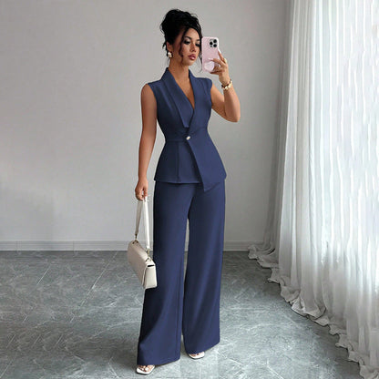 Women's Peplum Sleeveless Blazer & Wide-Leg Pants Two-Piece Set
