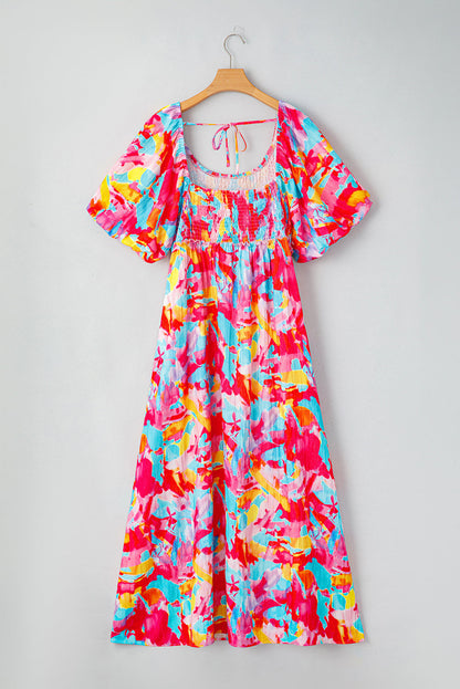 Rose Abstract Printed Puff Sleeve Square Neck Smocked Bust Tied Back Plus Size Dress