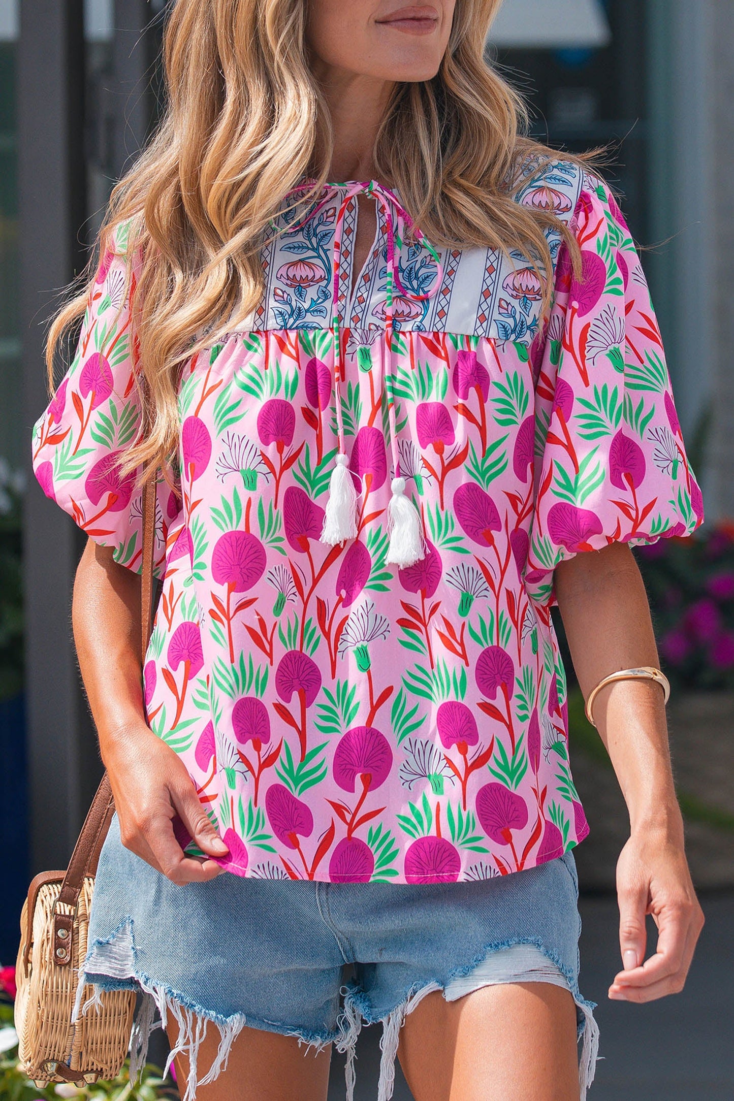 Threaded Pear Jade Patchwork Tassel Tie Blouse