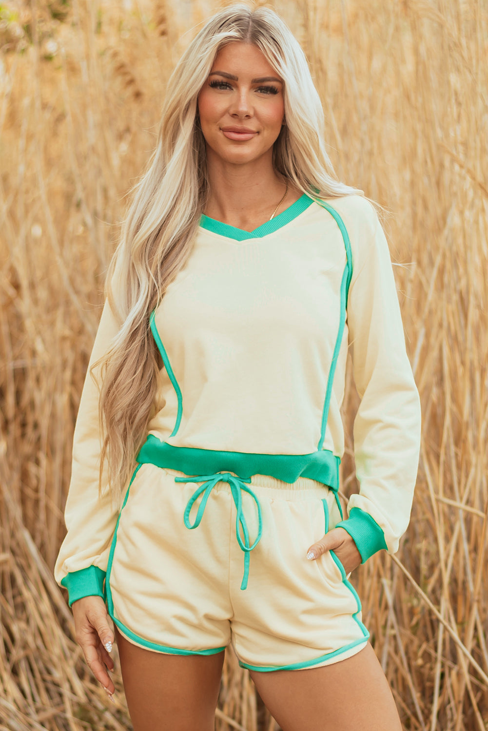 Threaded Pear Wren Long Sleeve Pullover and Drawstring Shorts Outfit